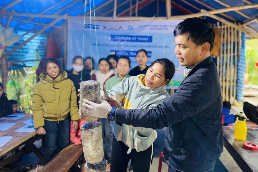 Cán bộ khuyến nông hướng dẫn kỹ thuật trồng nấm cho bà con.