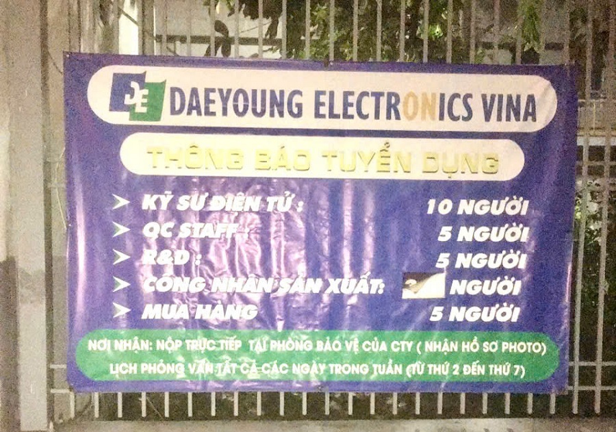 Công ty Daeyoung Electronics Vina cần tuyển 25 công nhân, kỹ sư, R&D...