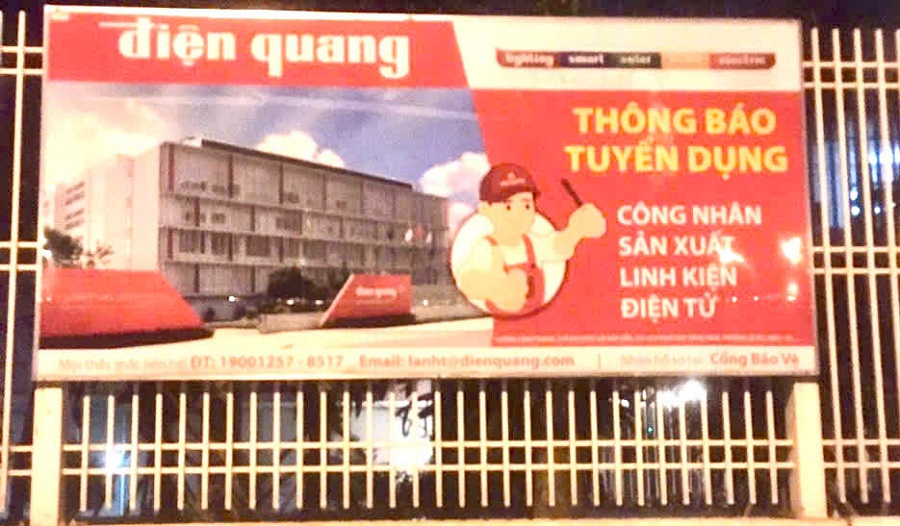 Công ty Điện Quang đang có nhu cầu tuyển dụng công nhân ở các vị trí khác nhau