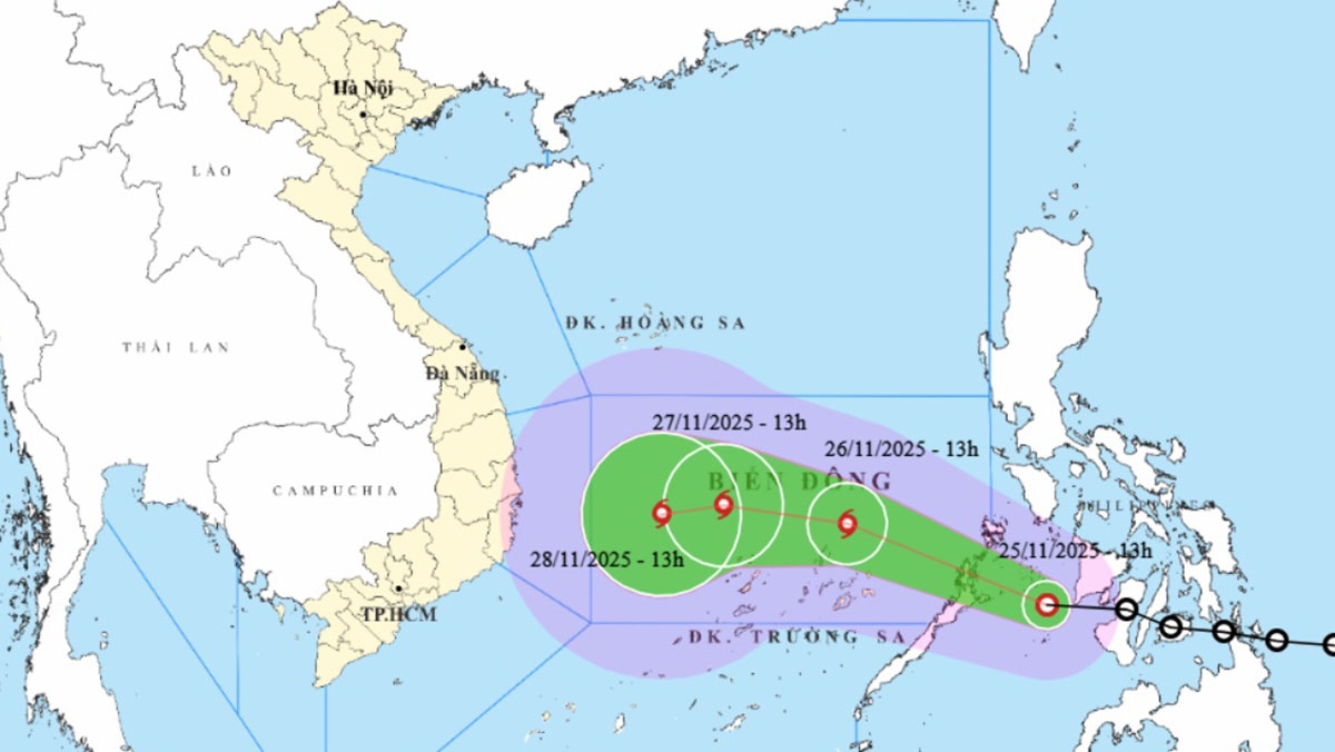 Dự báo hướng di chuyển của áp thấp nhiệt đới lúc 13 giờ chiều ngày 25-11. Ảnh: Trung tâm Dự báo khí tượng thủy văn quốc gia