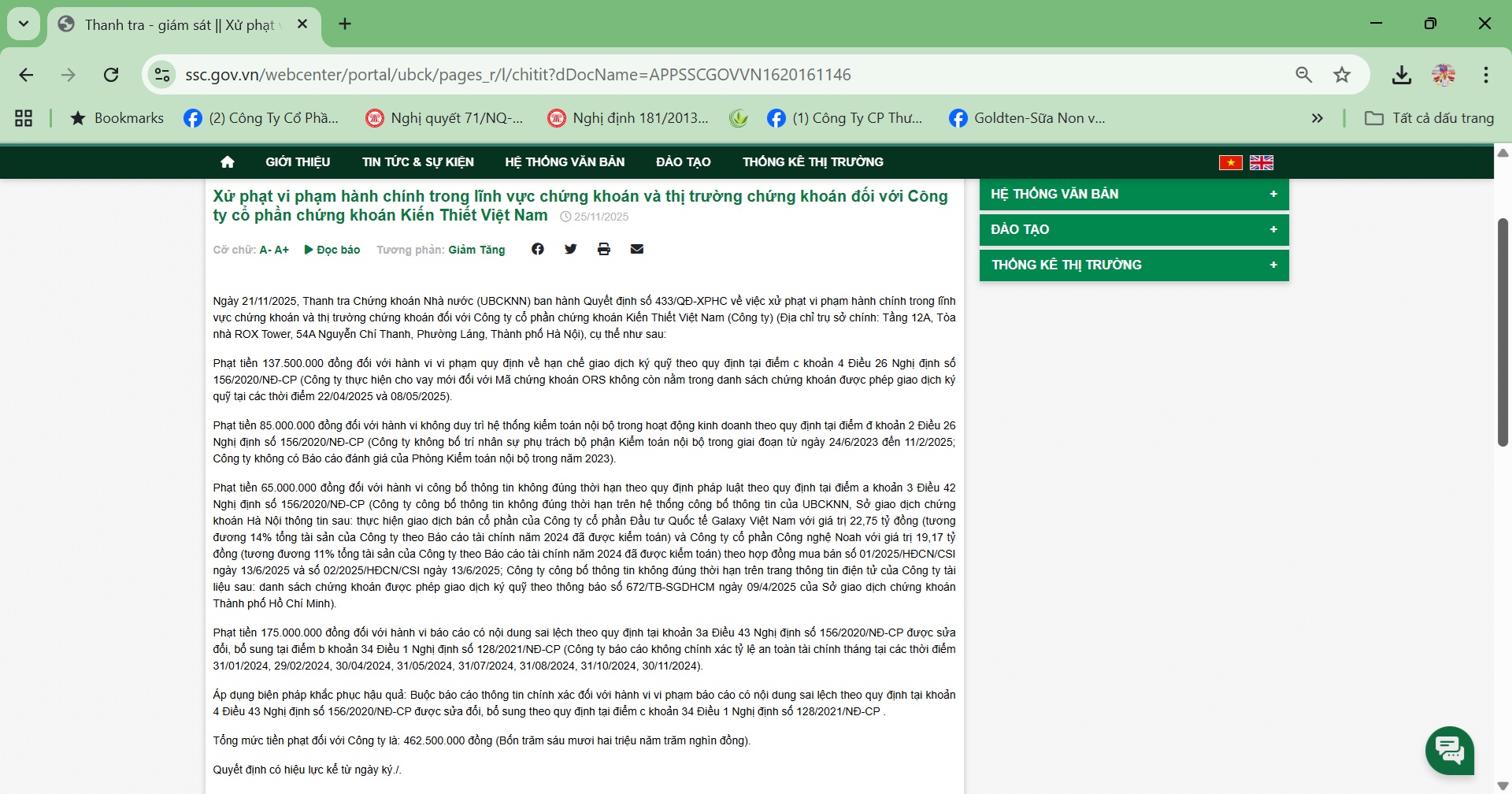 Chứng khoán Kiến Thiết Việt Nam (CSI) bị phạt 462,5 triệu đồng do vi phạm trong lĩnh vực chứng khoán