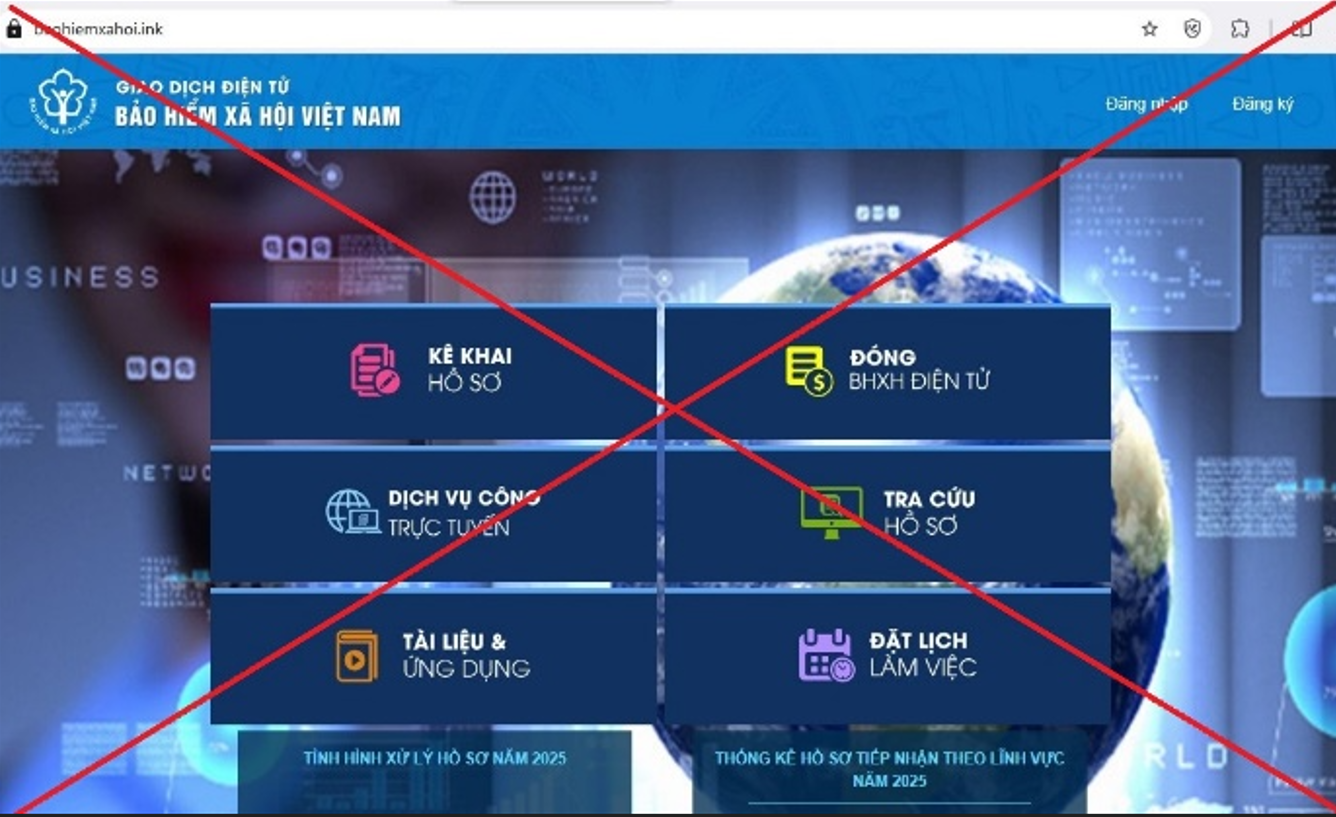 Website giả mạo Bảo hiểm xã hội Việt Nam. Ảnh: Công an TP. Hà Nội
