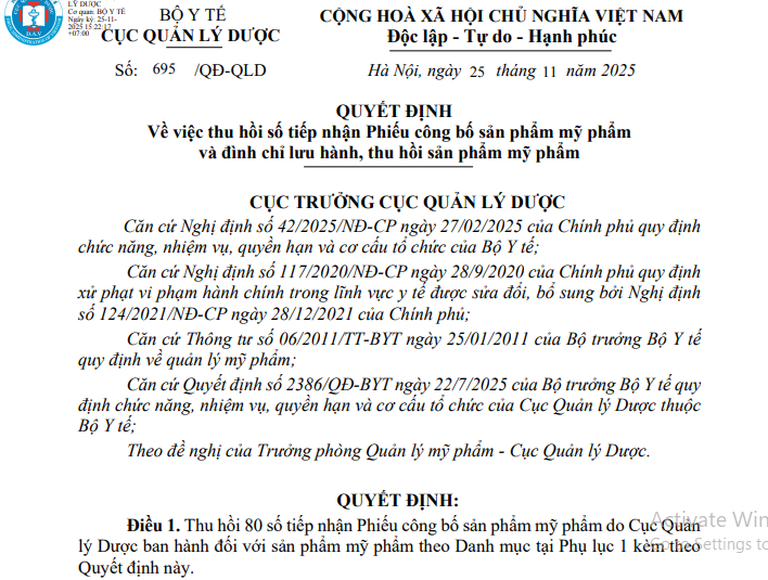 Một phần quyết định của Cục Quản l&yacute; dược (Bộ Y tế). Ảnh: Chụp m&agrave;n h&igrave;nh