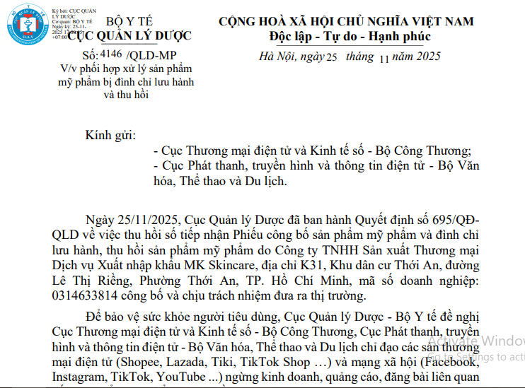 C&ocirc;ng văn Cục Quản l&yacute; Dược (Bộ Y tế)