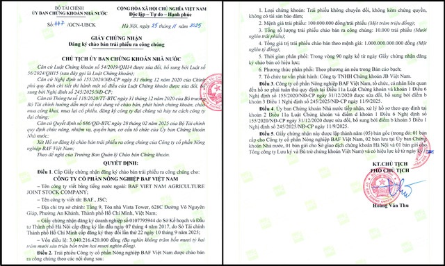 Giấy chứng nhận đăng ký chào bán trái phiếu ra công chúng của Ủy ban Chứng khoán Nhà nước đối với BaF.