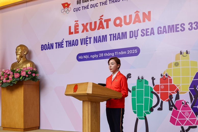 Đại diện vận động vi&ecirc;n tham dự SEA Games 33 ph&aacute;t biểu thể hiện quyết t&acirc;m thi đấu đạt th&agrave;nh t&iacute;ch tốt nhất - Ảnh: VGP/Nhật Bắc