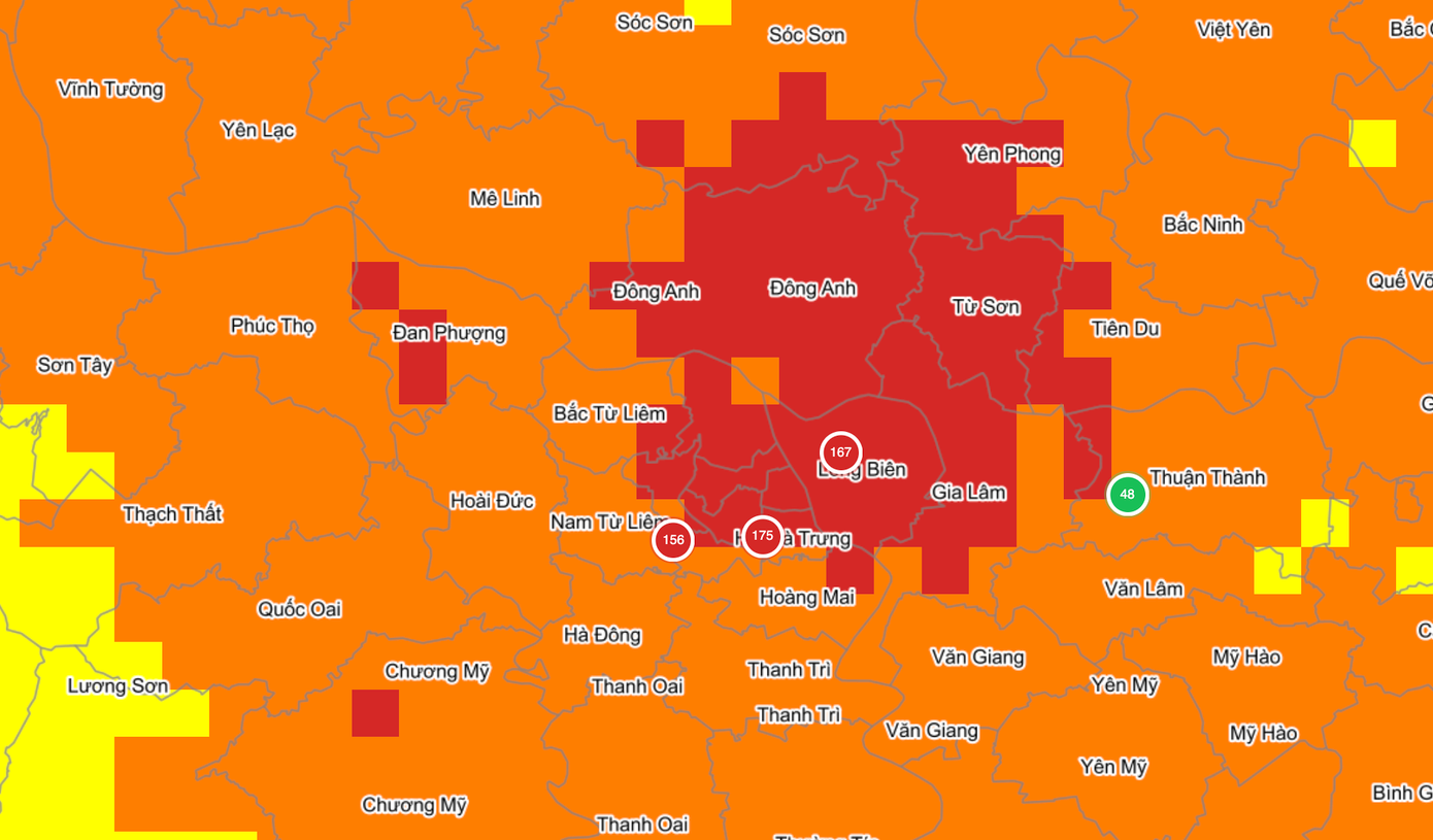 Bản đồ ô nhiễm không khí miền Bắc sáng nay 29/11. (Nguồn: https://geoi.com.vn/hanoiair)