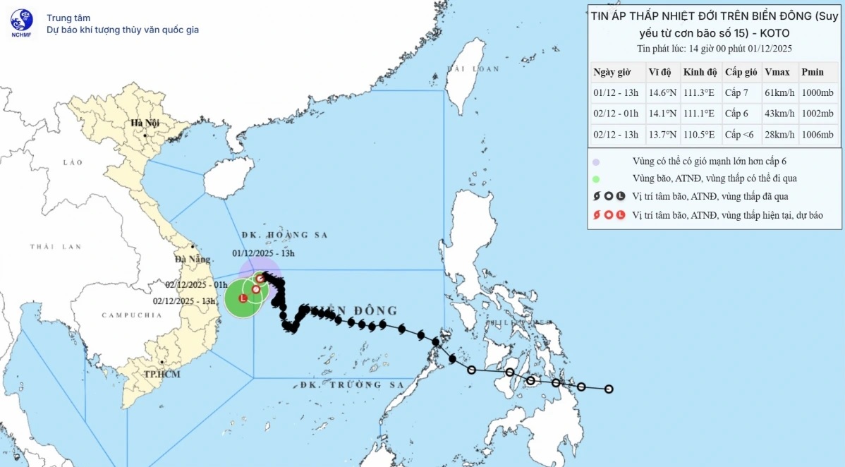 Bão số 15 đang suy yếu dần sau hơn 5 ngày vào Biển Đông. Nguồn: NCHMF