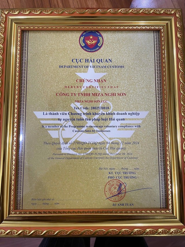 MIZA GROUP được công nhận là doanh nghiệp tự nguyện tuân thủ pháp luật hải quan MIZA GROUP được công nhận là doanh nghiệp tự nguyện tuân thủ pháp luật hải quan