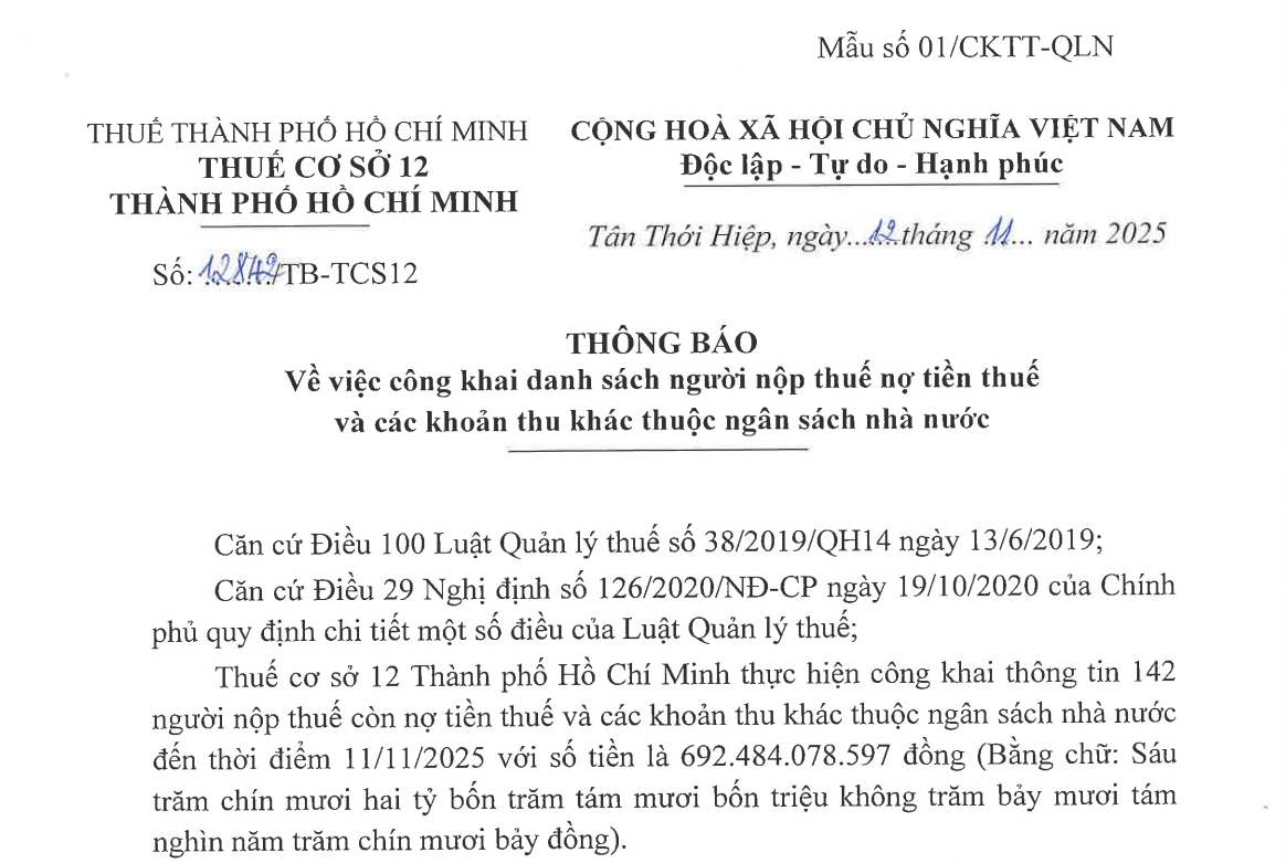 Thông báo số 12842/TB-TCS12 cho biết Công ty TNHH MTV Đầu tư Phát triển Gia Cư nợ thuế gần 380 tỷ đồng.
