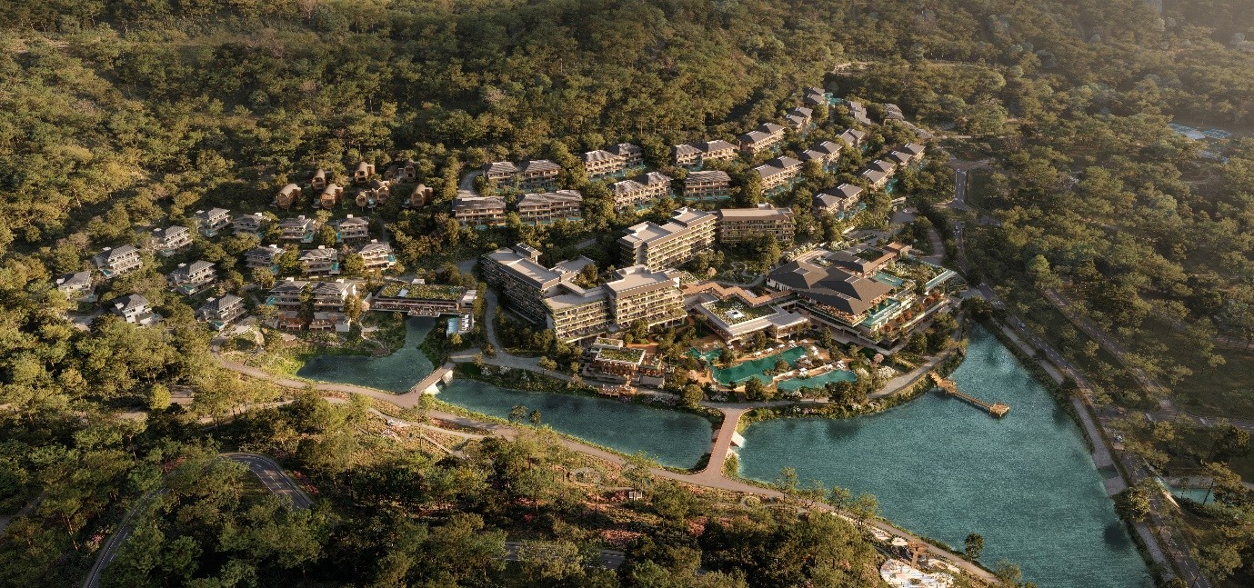 Phân khu Camellia Residences tọa lạc kiêu hãnh trên đồi thông cao tới 80m, hơn một bậc địa hình so với InterContinental Thanh Xuan Valley Resort.