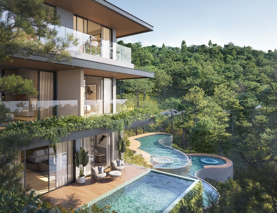 Nhìn từ xa, Onsen Pool như một thác nước tự nhiên, ẩn khuất trong lòng thung lũng với hiệu ứng thác tràn độc đáo, kết nối ba tầng trải nghiệm.