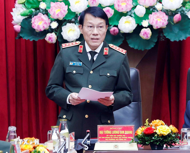 Đại tướng Lương Tam Quang, Ủy viên Bộ Chính trị, Bí thư Đảng ủy Công an Trung ương, phát biểu. (Ảnh: Thống Nhất/TTXVN)