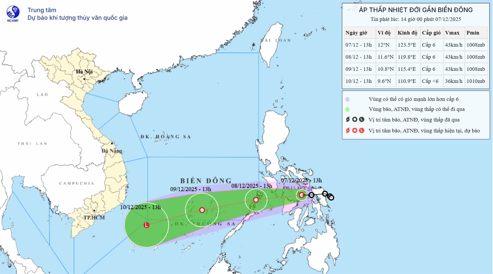 Áp thấp nhiệt đới gây gió mạnh trên vùng biển phía Đông Nam khu vực giữa Biển Đông