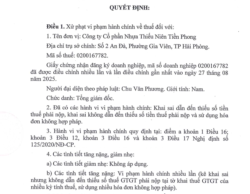 Một phần Quyết định xử phạt đối với Nhựa Thiếu niên Tiền Phong do vi phạm về thuế Một phần Quyết định xử phạt đối với Nhựa Thiếu niên Tiền Phong do vi phạm về thuế
