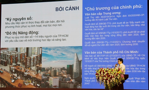Thạc sĩ Nguyễn Giang Quân, Trưởng Phòng Kỹ thuật Công nghệ, Thư viện Khoa học Tổng hợp TP. HCM báo cáo tham luận tại hội nghị