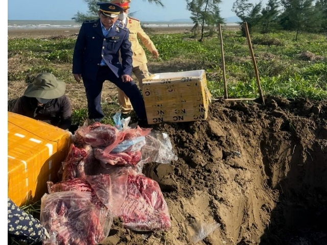 Lực lượng chức năng tiêu hủy 110 kg thịt lợn không rõ nguồn gốc.