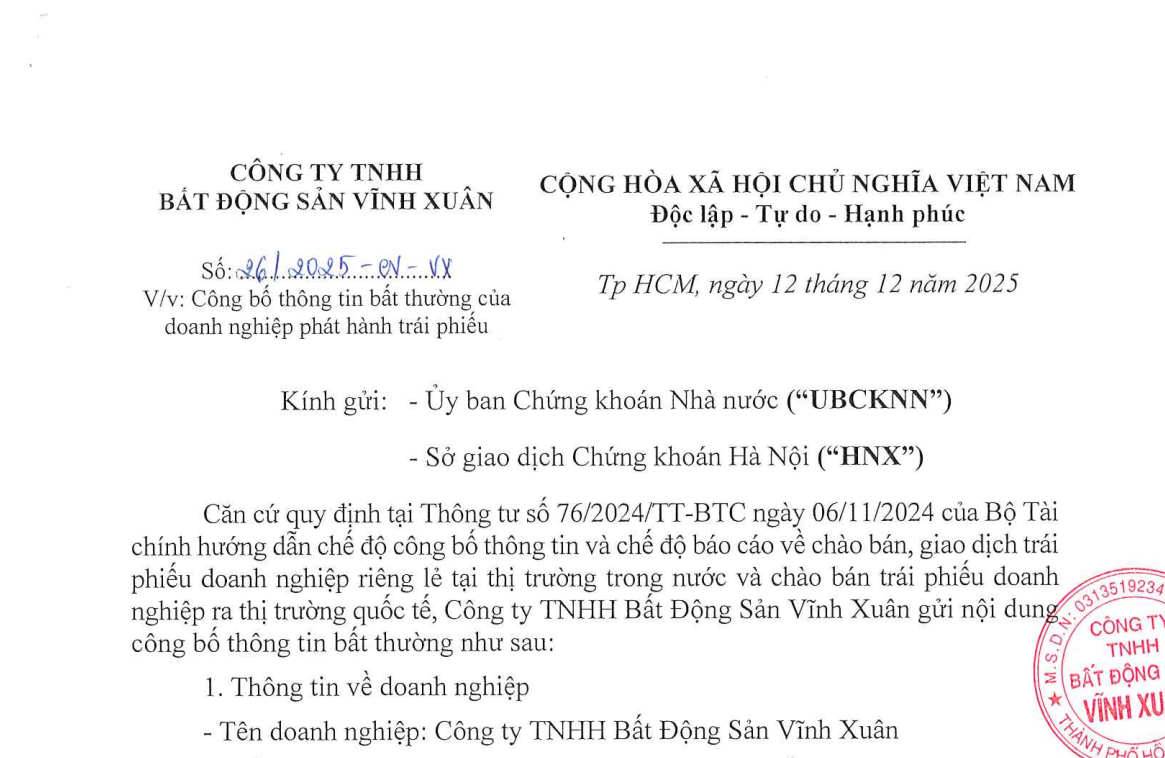 Công ty Bất động sản Vĩnh Xuân bị xử phạt do vi phạm công bố thông tin