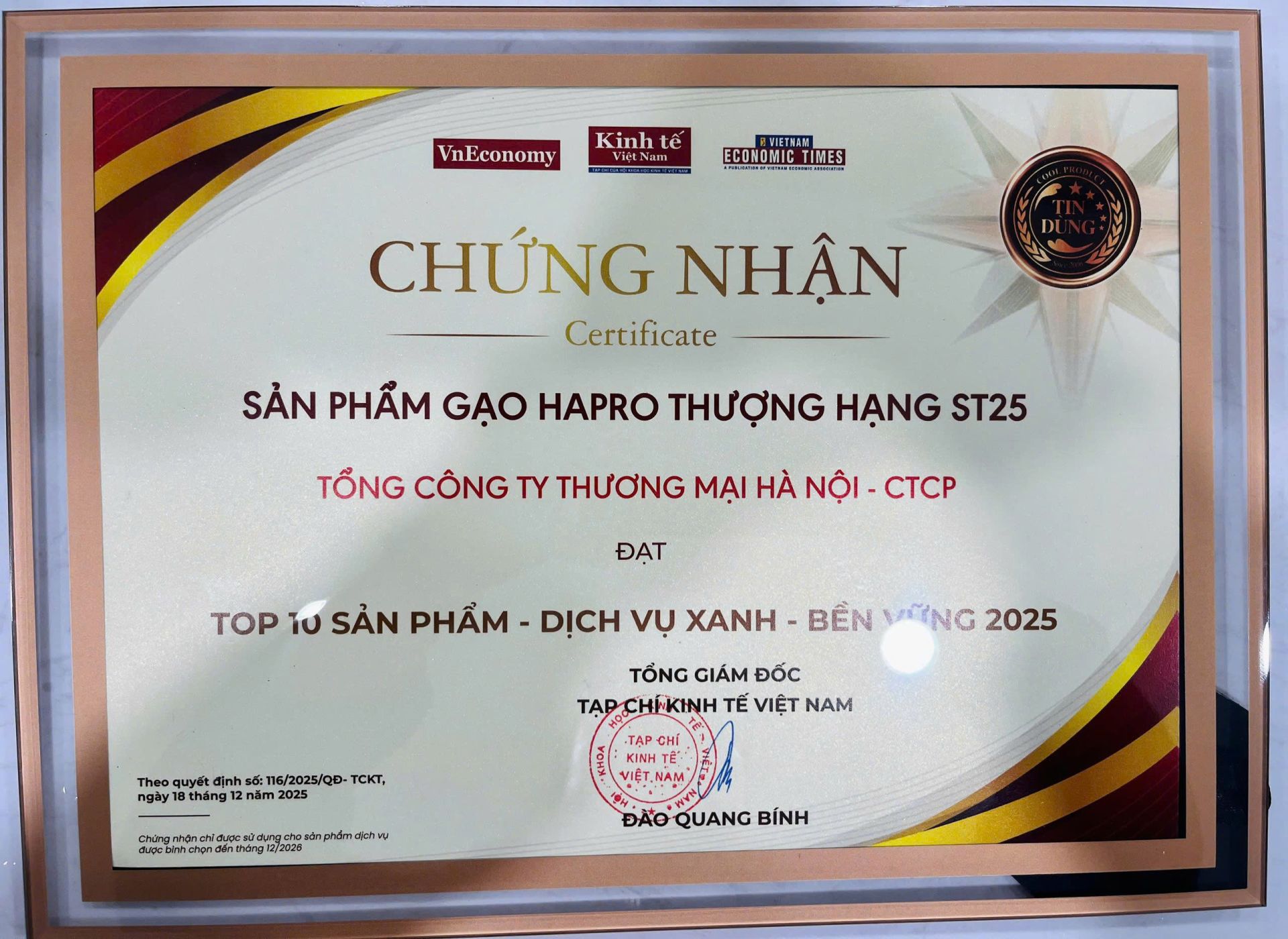 Chứng nhận sản phẩm Gạo Thượng hạng ST25 của Hapro đạt TOP 10 “Sản phẩm – Dịch vụ Xanh – Bền vững 2025” Chứng nhận sản phẩm Gạo Thượng hạng ST25 của Hapro đạt TOP 10 “Sản phẩm – Dịch vụ Xanh – Bền vững 2025”
