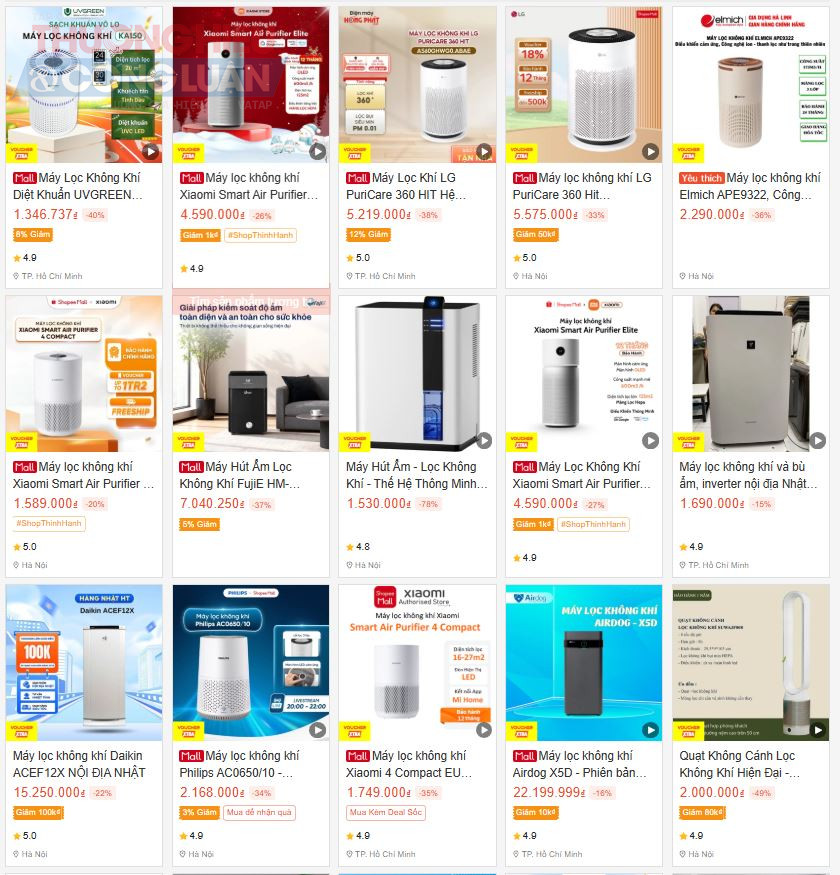 Sản phẩm m&aacute;y lọc kh&ocirc;ng kh&iacute; tr&ecirc;n s&agrave;n thương mại điện tử Shopee được b&aacute;n với số lượng lớn, mức gi&aacute; trải rộng từ v&agrave;i triệu đến h&agrave;ng chục triệu đồng, k&egrave;m theo nhiều chương tr&igrave;nh ưu đ&atilde;i, giảm gi&aacute;. (Ảnh chụp m&agrave;n h&igrave;nh)
