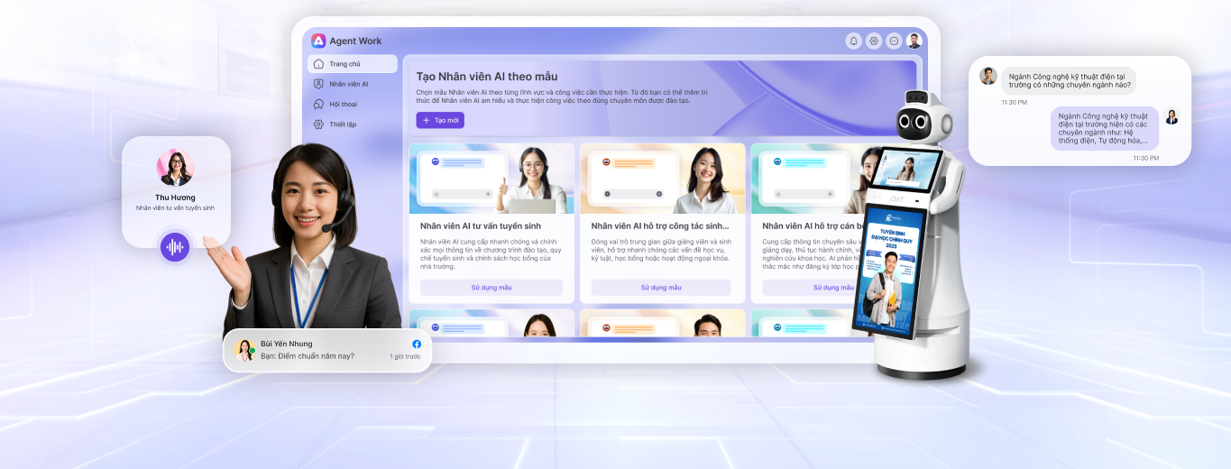 MISA Agentwork - nền tảng&rdquo; nh&acirc;n vi&ecirc;n AI&rdquo; với Chatbot, Voicebot, c&ugrave;ng Robot lễ t&acirc;n c&oacute; thể l&agrave;m việc 24/7, gi&uacute;p doanh nghiệp, h&agrave;nh ch&iacute;nh c&ocirc;ng v&agrave; dịch vụ c&ocirc;ng tiến tới trạng th&aacute;i tự vận h&agrave;nh li&ecirc;n tục, giảm tối đa độ trễ v&agrave; gi&aacute;n đoạn trong c&ocirc;ng việc.