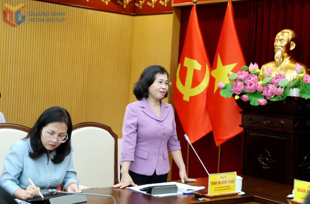 Bà Trịnh Thị Minh Thanh, Phó Bí thư Thường trực Tỉnh ủy, Chủ tịch HĐND tỉnh Quảng Ninh, phát biểu tại hội nghị. Bà Trịnh Thị Minh Thanh, Phó Bí thư Thường trực Tỉnh ủy, Chủ tịch HĐND tỉnh Quảng Ninh, phát biểu tại hội nghị.