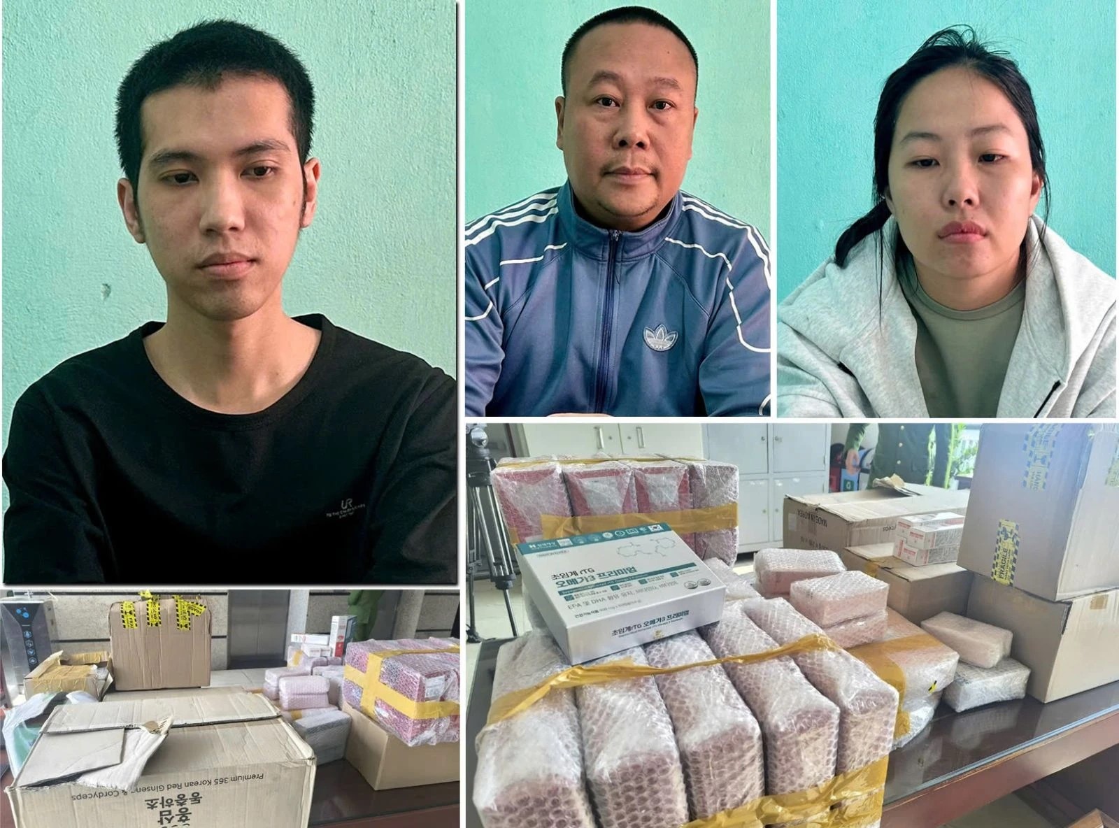 C&aacute;c đối tượng (từ tr&aacute;i qua phải): Phạm Nhất Duy, Nguyễn Doanh Thương v&agrave; Nguyễn Thị Thanh Nh&agrave;n c&ugrave;ng tang vật vụ &aacute;n.