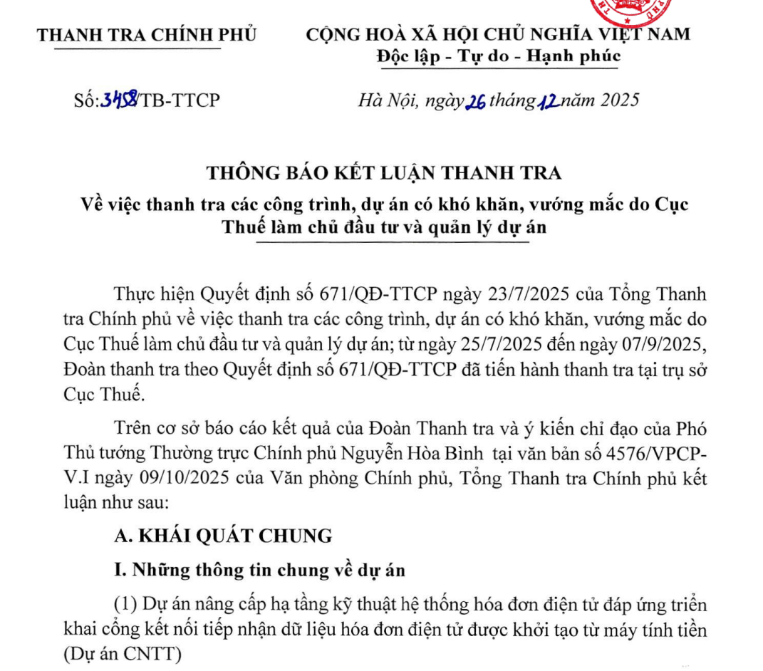 Một phần Kết luận số 384/KL-TTCP về việc thanh tra các công trình, dự án có khó khăn, vướng mắc do Cục Thuế làm chủ đầu tư và quản lý dự án của Thanh tra Chính Phủ. Ảnh: Chụp màn hình Một phần Kết luận số 384/KL-TTCP về việc thanh tra các công trình, dự án có khó khăn, vướng mắc do Cục Thuế làm chủ đầu tư và quản lý dự án của Thanh tra Chính Phủ. Ảnh: Chụp màn hình