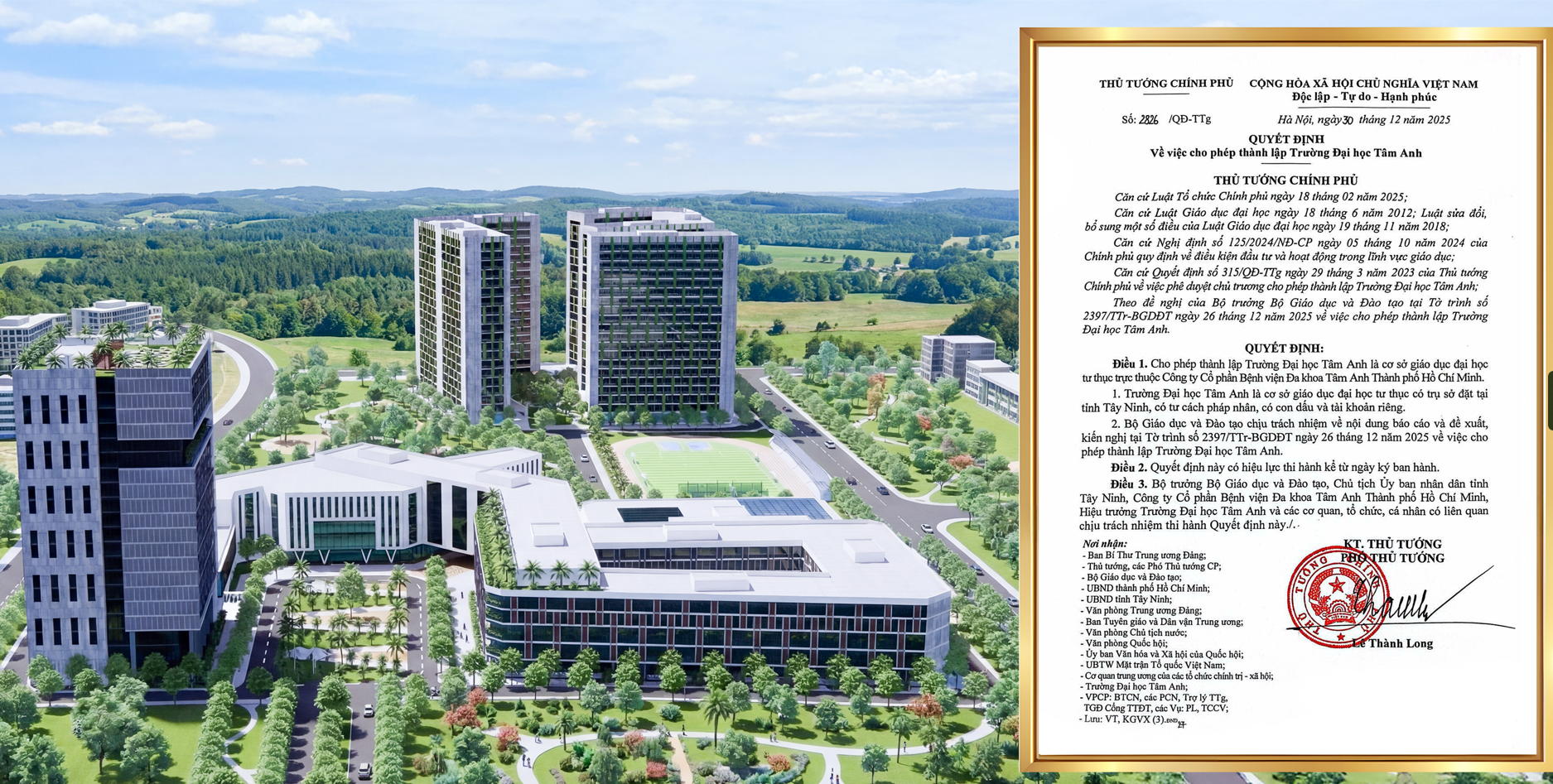 Quyết định th&agrave;nh lập Trường Đại học T&acirc;m Anh do Thủ tướng Ch&iacute;nh phủ ban h&agrave;nh ng&agrave;y 30/12/2025 v&agrave; phối cảnh của Trường. Ảnh: Trường Đại học T&acirc;m Anh