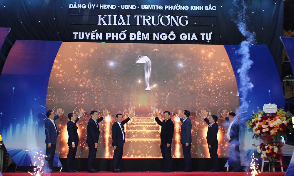 C&aacute;c đại biểu bấm n&uacute;t khai trương tuyến phố đ&ecirc;m.