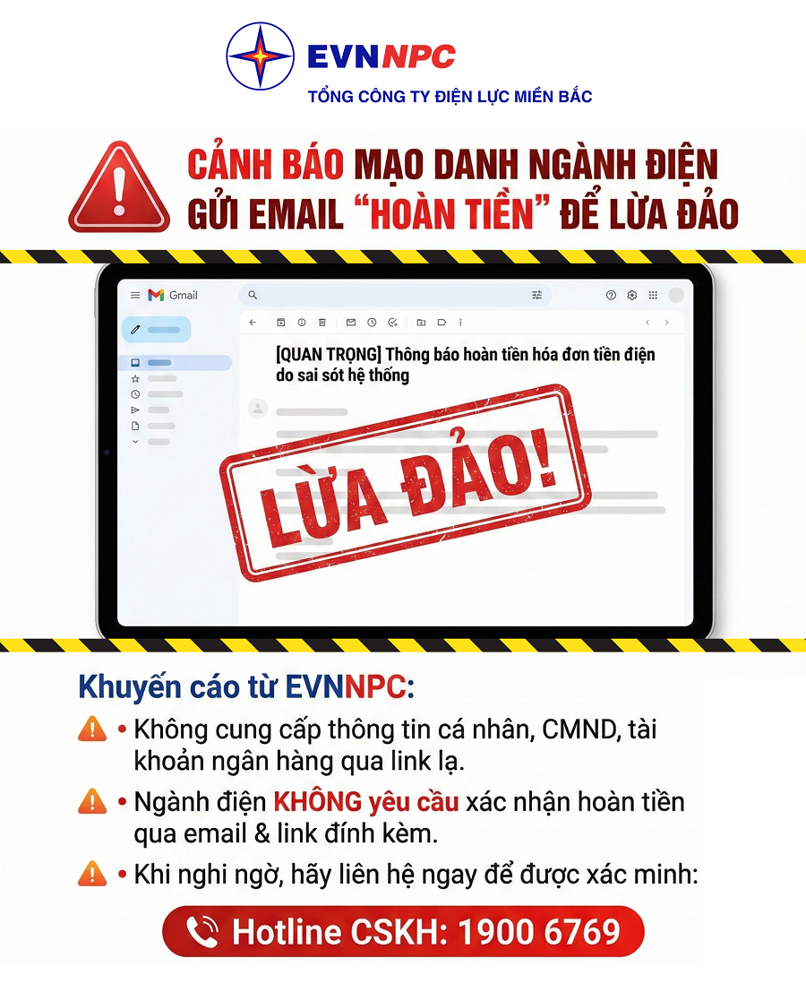 Cảnh báo email giả mạo EVN/EVNNPC “hoàn tiền” để lừa đảo, chiếm đoạt tài sản
