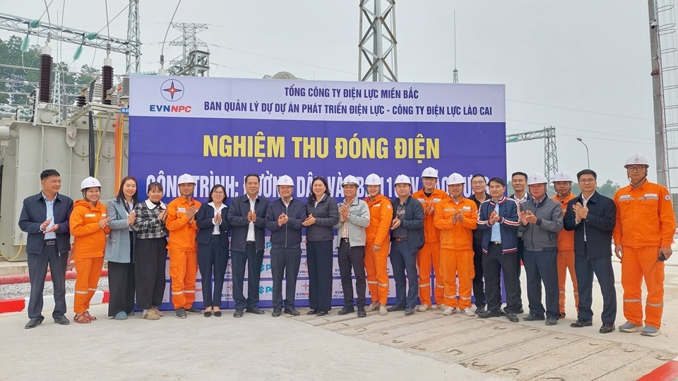 Hội đồng nghiệm thu đ&oacute;ng điện chụp ảnh c&ugrave;ng Tổ Thao tác lưu đ&ocirc;̣ng TBA 110 kV Bảo Hưng