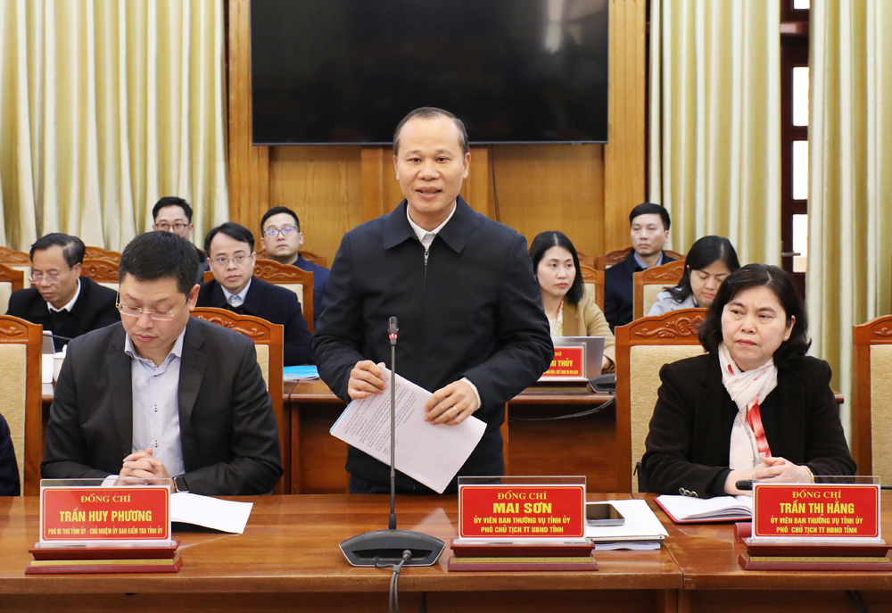 Đồng ch&iacute; Mai Sơn b&aacute;o c&aacute;o tại buổi l&agrave;m việc.