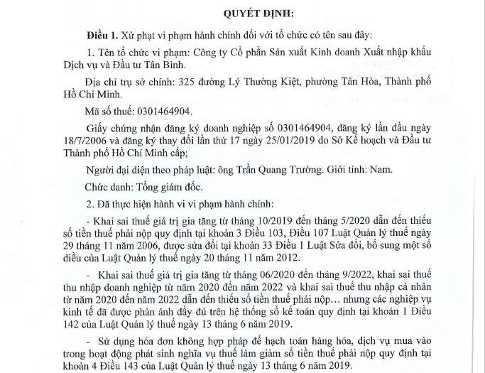 Một phần Quyết định xử phạt h&agrave;nh ch&iacute;nh về thuế đối với Tanimex.
