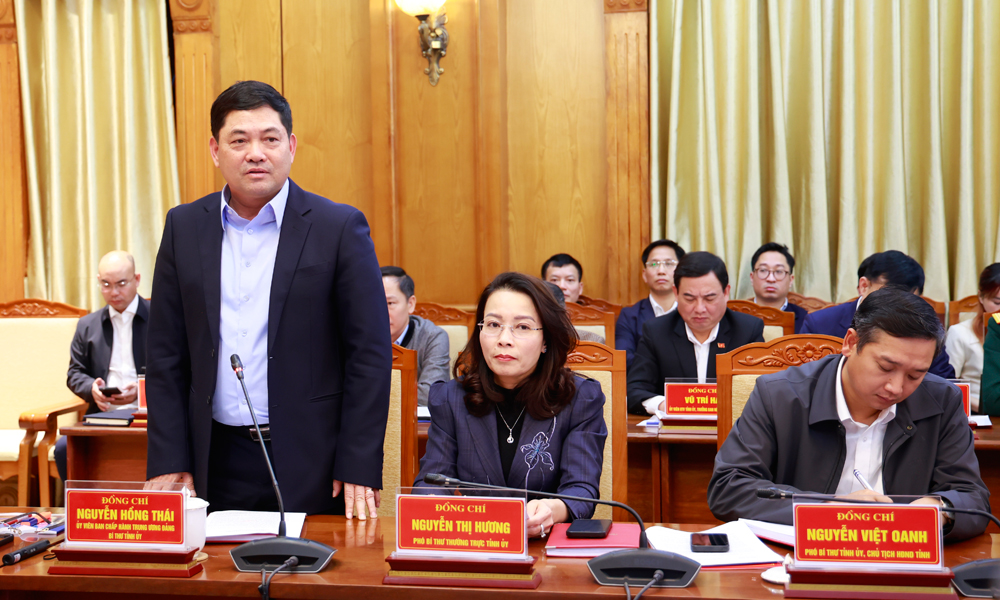B&iacute; thư Tỉnh ủy Bắc Ninh Nguyễn Hồng th&aacute;i ph&aacute;t biểu tại buổi l&agrave;m việc.