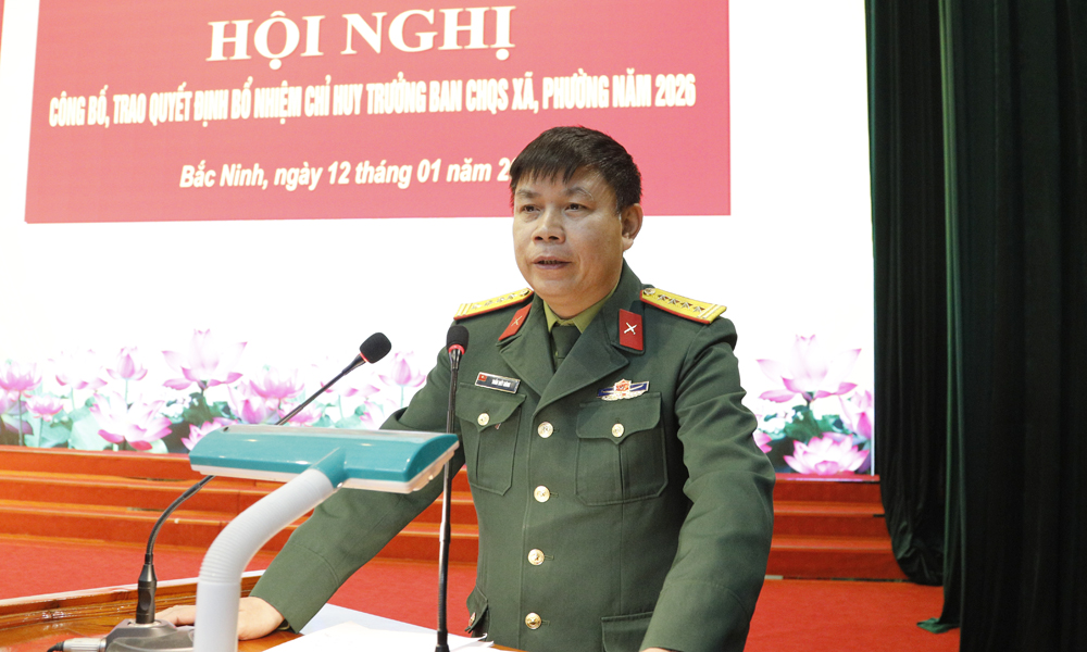 Đại t&aacute; Trần Viết Năng, Tỉnh ủy vi&ecirc;n, Ch&iacute;nh ủy Bộ Chỉ huy qu&acirc;n sự tỉnh ph&aacute;t biểu tại hội nghị.