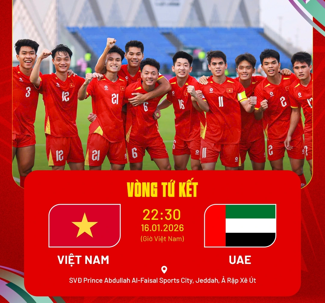 U23 Việt Nam gặp U23 UAE ở tứ kết U23 châu Á 2026
