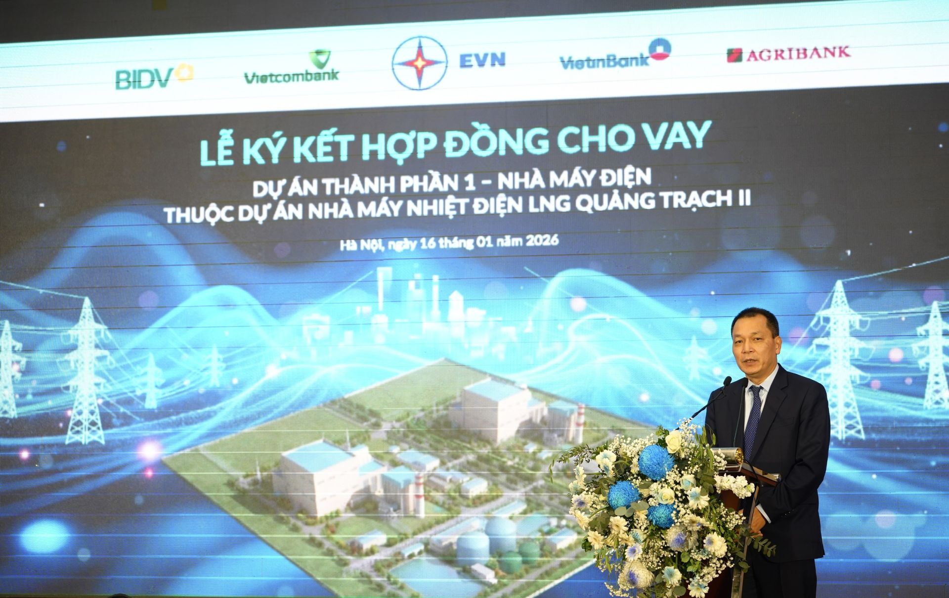 &Ocirc;ng Đặng Ho&agrave;ng An, B&iacute; thư Đảng ủy, Chủ tịch HĐTV Tập đo&agrave;n EVN ph&aacute;t biểu tại sự kiện. Ảnh: VCB