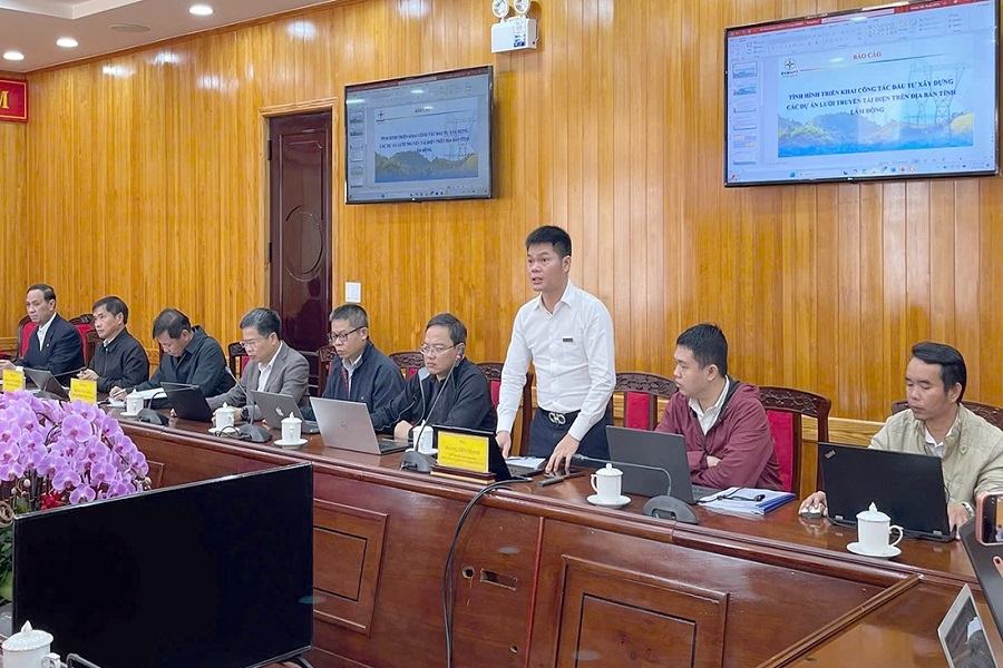 &Ocirc;ng Ho&agrave;ng Tiến Thanh - Ph&oacute; Trưởng Ban Đầu tư x&acirc;y dựng EVNNPT b&aacute;o c&aacute;o tại cuộc họp.