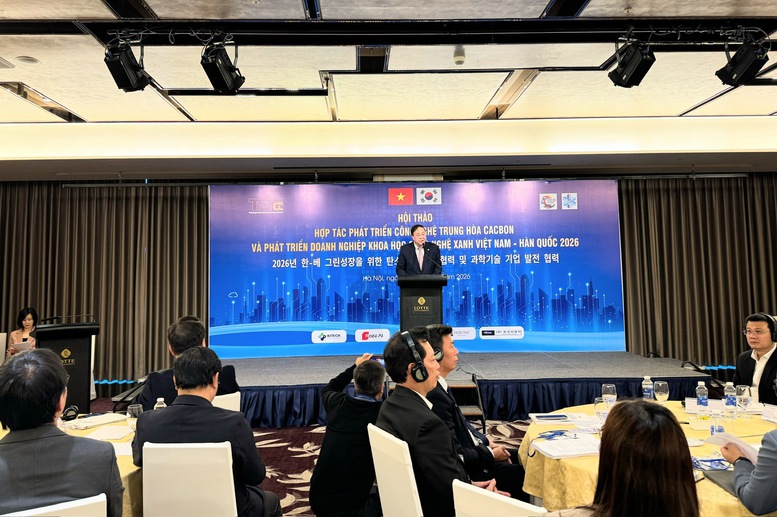 Hội thảo &ldquo;Hợp t&aacute;c ph&aacute;t triển c&ocirc;ng nghệ trung h&ograve;a carbon v&agrave; ph&aacute;t triển doanh nghiệp khoa học v&agrave; c&ocirc;ng nghệ xanh Việt Nam &ndash; H&agrave;n Quốc 2026&rdquo; - Ảnh: VGP/Thu Giang