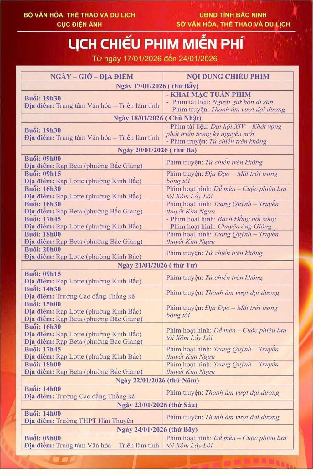 Lịch chiếu phim miễn ph&iacute; trong Tuần phim.
