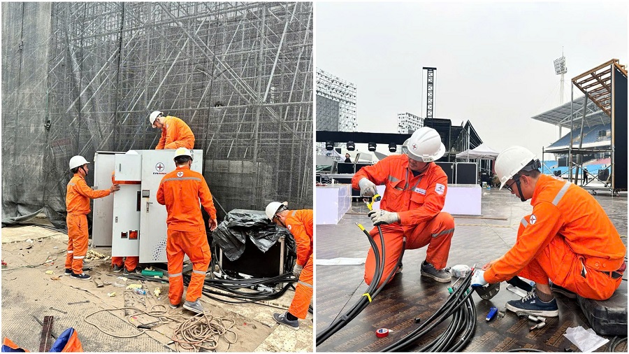 C&aacute;n bộ nh&acirc;n vi&ecirc;n C&ocirc;ng ty Điện lực Từ Li&ecirc;m thực hiện lắp đặt c&aacute;c thiết bị phục vụ đảm bảo điện cho khu vực S&acirc;n vận động Quốc gia Mỹ Đ&igrave;nh ng&agrave;y 16/1/2026.