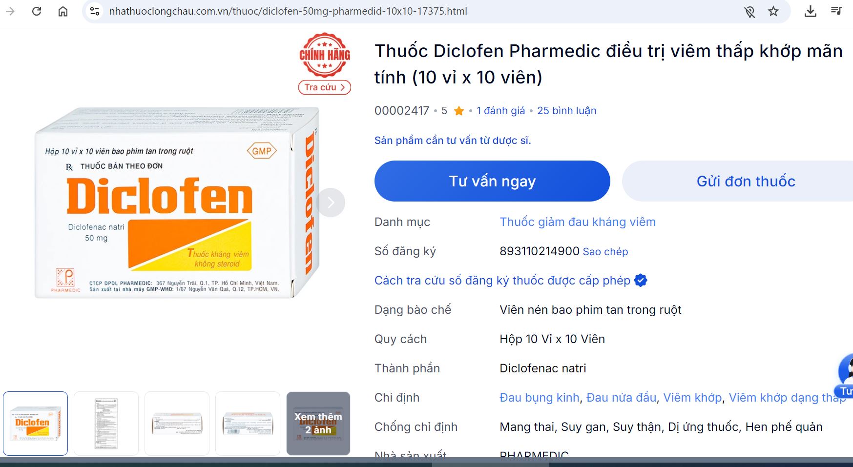 Một loại vi&ecirc;n n&eacute;n bao phim tan trong ruột Diclofen (Diclofenac natri 50mg) được quảng c&aacute;o v&agrave; rao b&aacute;n tại trang web của Nh&agrave; thuốc Long Ch&acirc;u