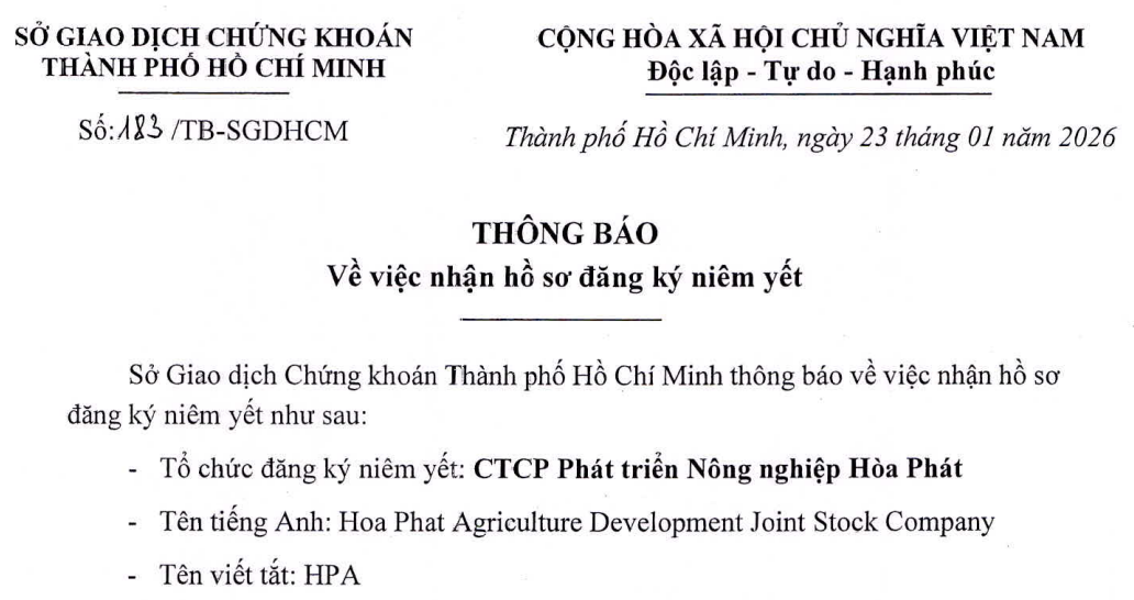 N&ocirc;ng nghiệp H&ograve;a Ph&aacute;t đăng k&yacute; ni&ecirc;m yết tr&ecirc;n HoSE