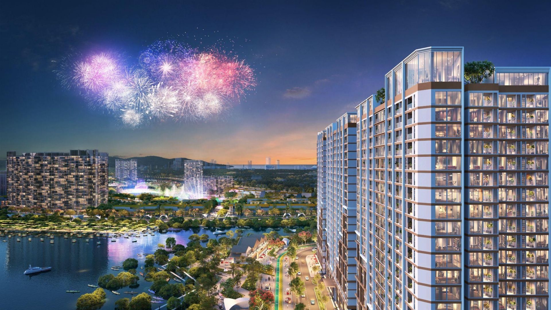 The Onsen sở hữu tầm nh&igrave;n panorama bao trọn s&ocirc;ng n&uacute;i biển v&agrave; ph&aacute;o hoa rực rỡ từ Đảo Trung