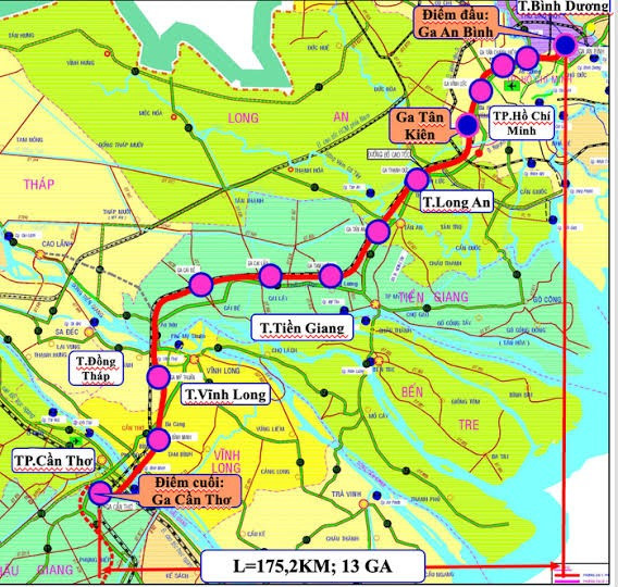 Bản đồ tuyến đường sắt TP. HCM - Cần Thơ