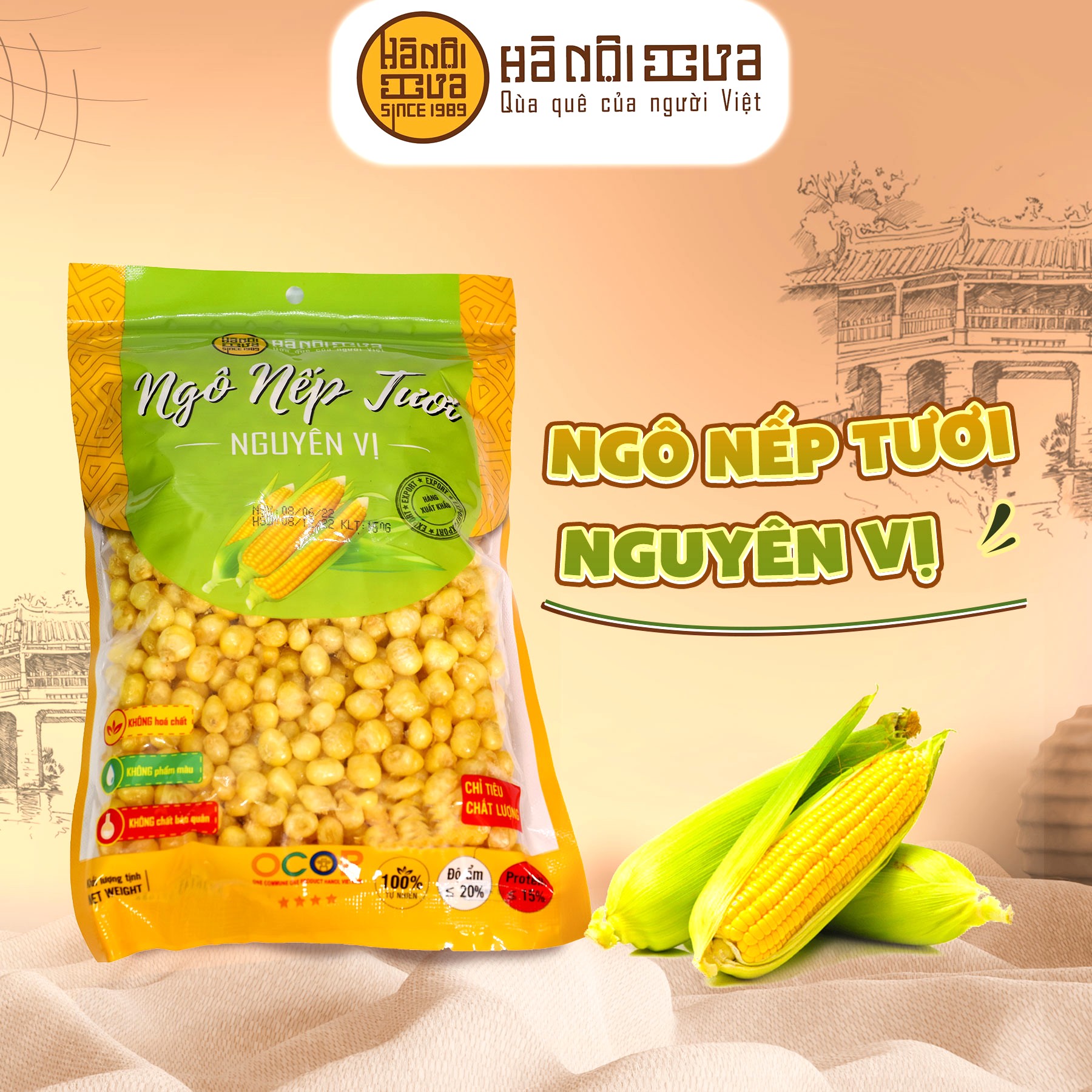 Sản phẩm ng&ocirc;&nbsp;nếp tươi nguy&ecirc;n vị&nbsp;được l&agrave;m từ 100% hạt ng&ocirc; nếp tươi được chọn lọc kỹ c&agrave;ng v&agrave; được sấy qua c&ocirc;ng nghệ ch&acirc;n kh&ocirc;ng hiện đại n&ecirc;n giữ trọn được hương vị đặc trưng v&agrave; m&agrave;u sắc tự nhi&ecirc;n.