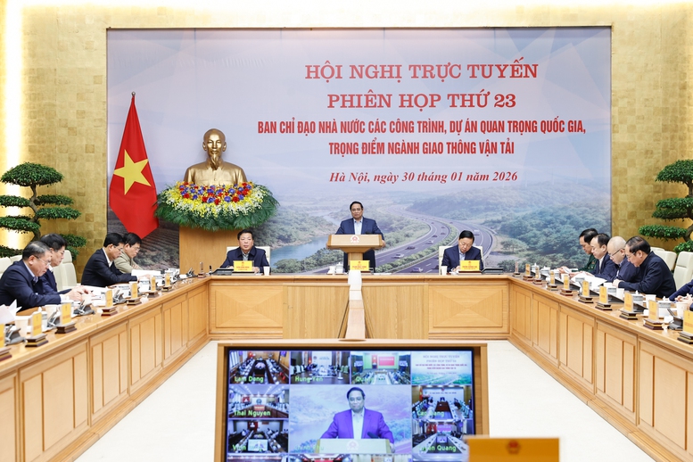 Thủ tướng Phạm Minh Ch&iacute;nh, Trưởng Ban Chỉ đạo Nh&agrave; nước c&aacute;c c&ocirc;ng tr&igrave;nh, dự &aacute;n quan trọng quốc gia, trọng điểm ng&agrave;nh GTVT, chủ tr&igrave; phi&ecirc;n họp thứ 23 của Ban Chỉ đạo - Ảnh: VGP/Nhật Bắc