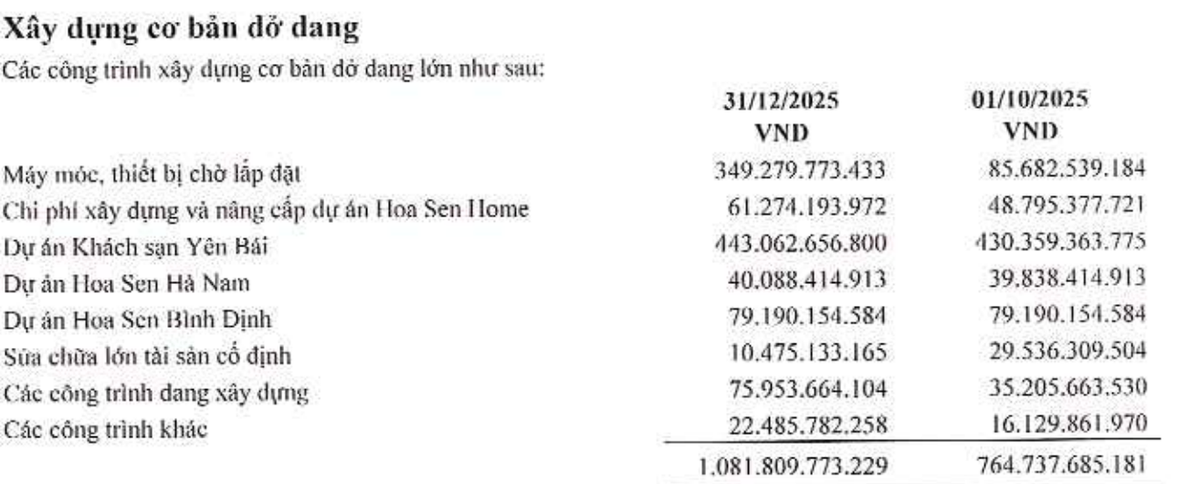 Cơ cấu x&acirc;y dựng cơ bản dở dang của Hoa Sen tại thời điểm 31/12/2025.