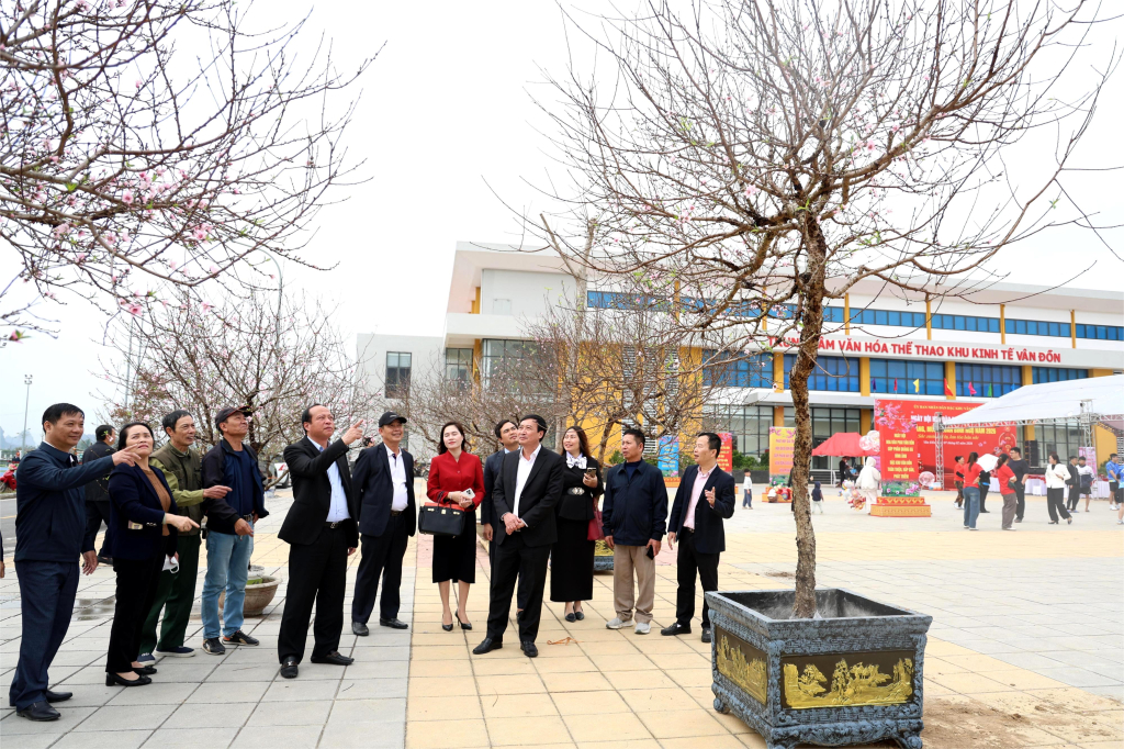 C&aacute;c đại biểu v&agrave; nh&acirc;n d&acirc;n tham quan kh&ocirc;ng gian trưng b&agrave;y hoa đ&agrave;o phai bản địa